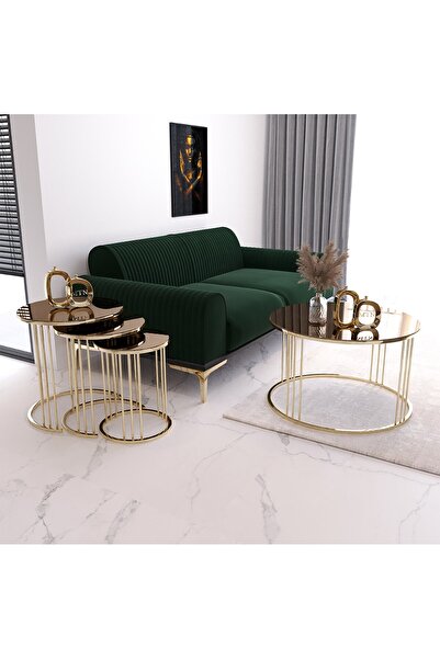 Nies Aksesuar ELZEY 3'LÜ ZİGON VE ORTA SEHPA GOLD KAPLAMA BRONZ AYNA