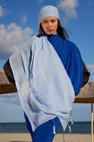 FENZA SCARF BRICE BEBE șal din bumbac cu franjuri lungi, albastru