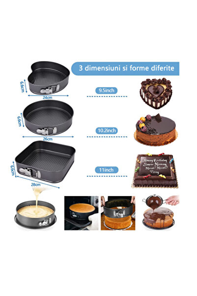 NEO Set of 3 Baking Trays, Heart/Round/Square Shapes and Removable Base, 24 cm/26 cm/28 cm, Black, Ne