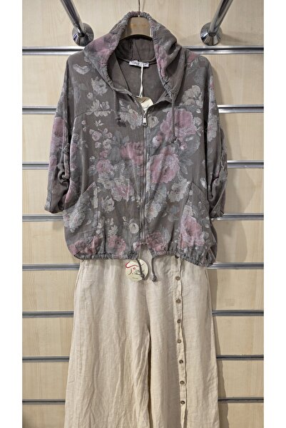 Park Moda Италианско яке с качулка, цип и батик розов мотив