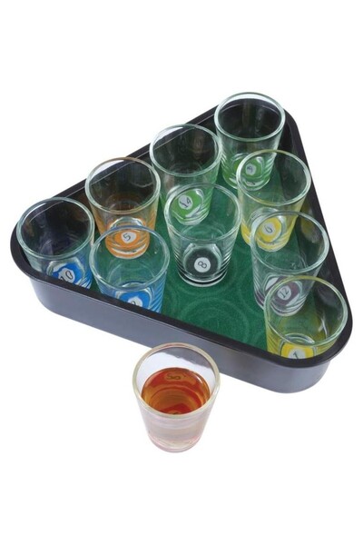 Flippy Set of 10 shot glasses, with Billiard Stand, 30 ml, glass, 10 x 10 cm, multicolor