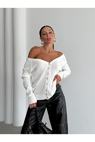 LE CARAMBOLE Women's White Front Back Buttoned V-Neck Knitwear Cardigan
