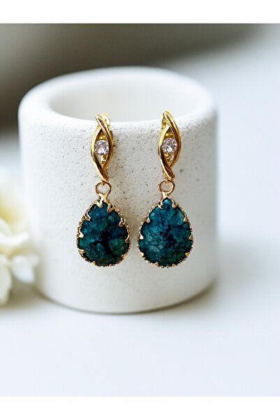 FAYRA ACCESSORIES Kristal Taşlı Su Damlası Doğal Taşlı Altın Kaplama Küpe