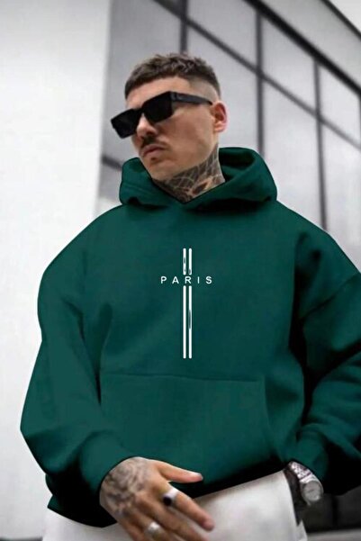 NO 601 Ανδρικό φούτερ με κουκούλα με πράσινη ρίγα Paris Print