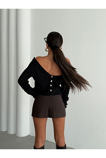 LE CARAMBOLE Women's Black Front and Back Buttoned V-Neck Knitwear Cardigan