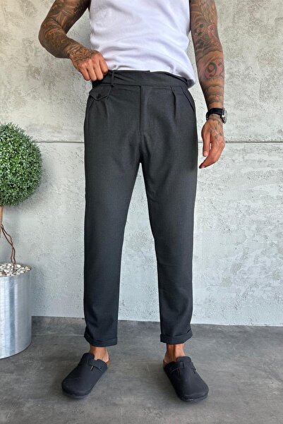 MADZEYMODA Men's Boyfriend Fit Pleated Double-Legged Smoked Fabric Trousers Ke-1054