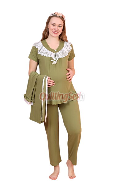 quilling Khaki Colored Lace Detailed 3-Piece Long Sleeve Maternity Pajama Set with Dressing Gown 59344
