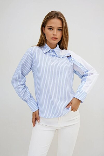 VAGGON Women's Blue Striped Contrast Sleeve Asymmetric Button Detailed Long Sleeve Shirt Vs00918