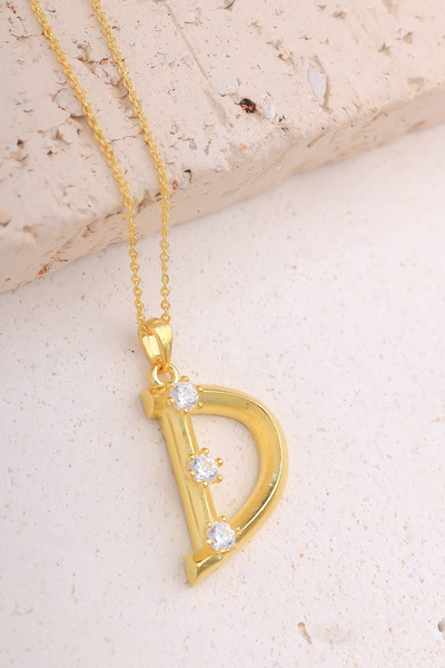 Lucente Jewellery Luxury Serisi Işıklı Hediye Kutulu 925 Ayar Altın Gümüş Kaplama D Harfi Taşlı Balon Harf Kolye