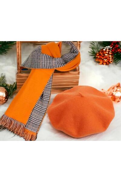 Wearflawless Women's Set of 2 Orange Scarves and Painter Berets, Christmas Gift, Double-Sided Scarf, Painter Beret