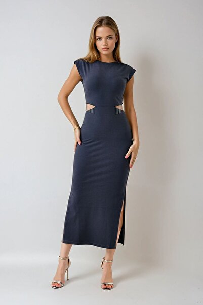 VAGGON Women's Black Tassel Detailed Side Cutout Slit Midi Dress Vs00956