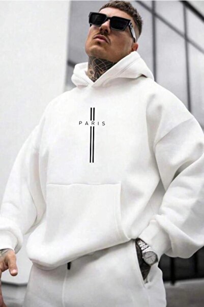 NO 601 Ανδρικό φούτερ με κουκούλα σε λευκό ριγέ στάμπα Paris