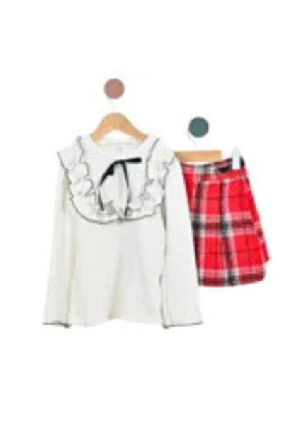 Mamboo Modern Set for Girls 2+ Years with Plaid Skirt and Long Sleeve Blouse