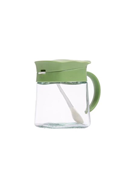 Flippy Glass Spice Container, 180 ml, with Handle and Spoon, Wavy Lid, Green