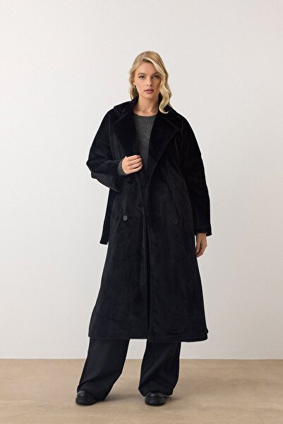 VAGGON Women's Black Double Button Soft Textured Cashmere Coat Vs00949
