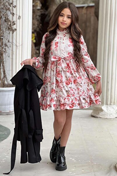 Riccotarz Rochie brodata cu dantela pentru fete, trenci negru cu curea si detaliu cu buzunare duble