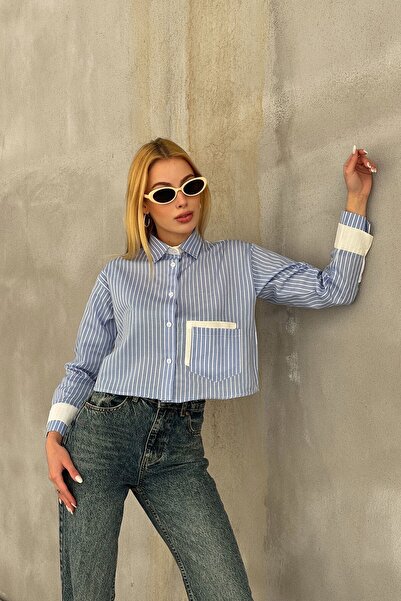 VAGGON Women's Blue Striped Oversize Long Sleeve Buttoned Cuff Crop Shirt Vs00952