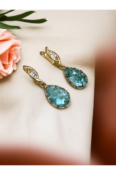 FAYRA ACCESSORIES Kristal Taşlı Su Damlası Doğal Taşlı Altın Kaplama Küpe