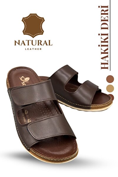 sermoda Genuine Leather Men's Slippers with Double Velcro Straps Orthopedic Comfortable Sole Daily Slippers cm Brown