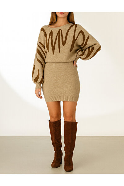 ALPACO Κοντό πλεκτό φόρεμα με μακρύ μανίκι με λαιμόκοψη