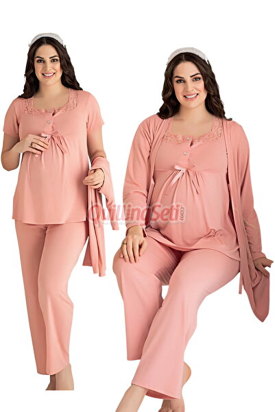 quilling Dusty Rose Colored Lace Detailed 3-Piece Long Sleeve Maternity Pajama Set with Dressing Gown 53047