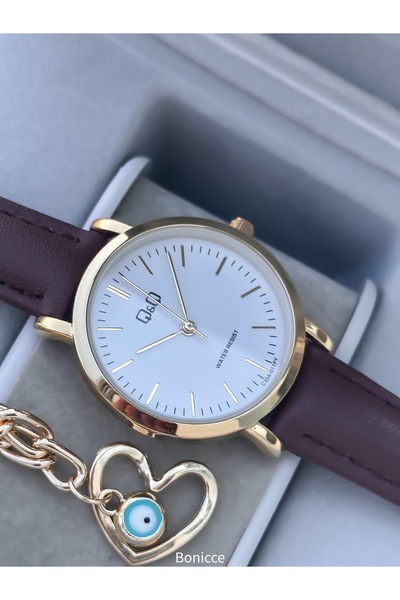 Q&Q Leather Cord Women's Wristwatch, Brown Color Simple Stylish Model Heart Bracelet