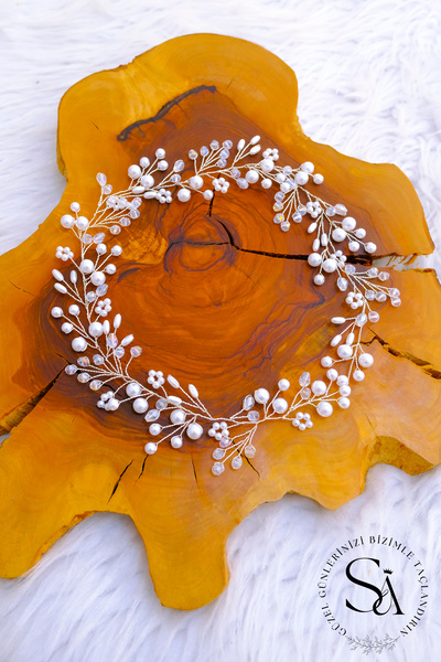 SimgeAksesuar Handmade Hair Accessory Made with Pearls and Crystal Stones for Nikah, Engagement and Wedding