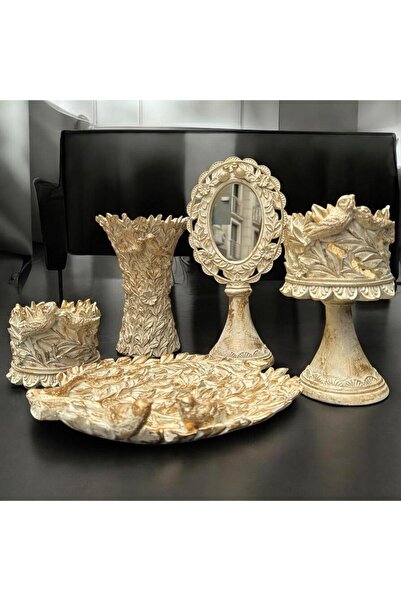 Peramari Dekoratif Polyester Kuşlu Beşli Salon Konsol Seti Krem Eskitme