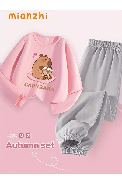 buendiakids Kız/Erkek Çocuk Milkshake Capybara Baskılı Bisiklet Yaka Eşofman Altı Takım