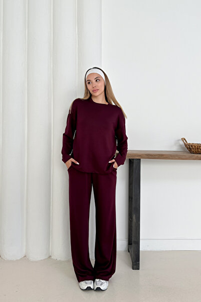 MİROR Set de trening de bază cu mâneci lungi din țesătură modal Bordeaux pentru femei