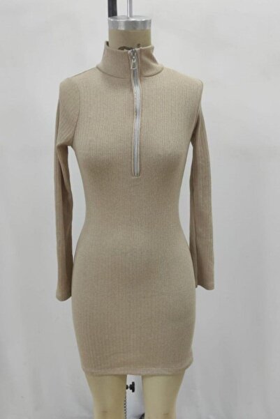 Mossta Zipper Detailed Camisole Mini Dress - Stone