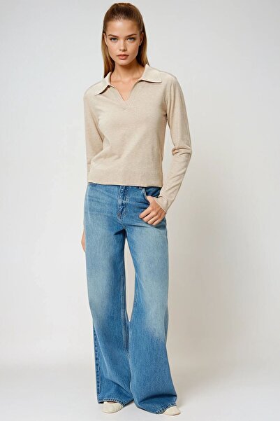 VAGGON Women's Beige Polo Neck Long Sleeve Blouse Vs00959