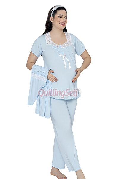 quilling Blue Colored Lace Detailed Collar 3-Piece Long Sleeve Maternity Pajama Set with Dressing Gown 5946X