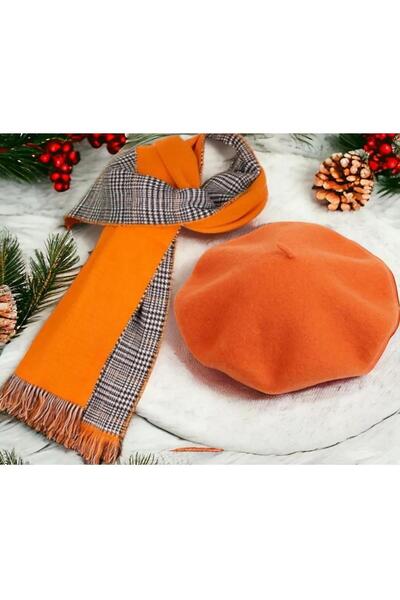Wearflawless Women's Set of 2 Orange Scarves and Painter Berets, Christmas Gift, Double-Sided Scarf, Painter Beret