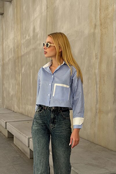 VAGGON Women's Blue Striped Oversize Long Sleeve Buttoned Cuff Crop Shirt Vs00952