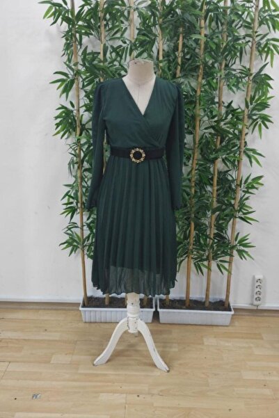 Mossta Φόρεμα μίντι με διπλό γιακά από ύφασμα σιφόν με επένδυση - Πράσινο