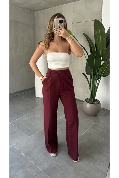 asfamoda Γυναικείο παντελόνι Palazzo με φαρδύ πόδι σε μπορντό χρώμα