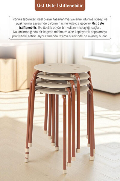 İronika Otto Metal Gövdeli Modern Tabure Mutfak Bahçe Taburesi - 4 Adet Krem