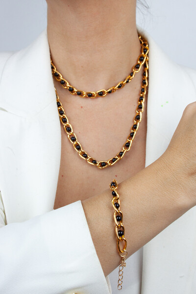 Liveyn Design Double Row Black Globe Detail Necklace Bracelet Set