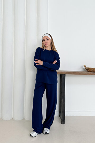 MİROR Women's Navy Blue Modal Fabric Long Sleeve Basic Tracksuit Set
