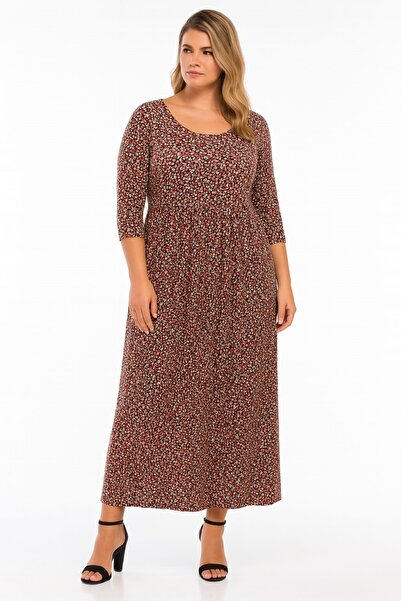 Şans Women's Plus Size Red, Waist Elastic Detail Crew Neck Viscose Dress with Pockets 65N39120
