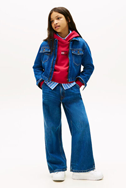 Tommy Hilfiger Kız Çocuk Pile Detaylı Geniş Paça Jean Pantolon – Mavi