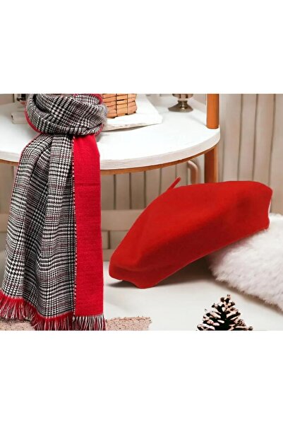 Wearflawless Women's Set of 2 Red Scarves and Painter Beret Set, Christmas Gift, Double-Sided Scarf, Painter Beret