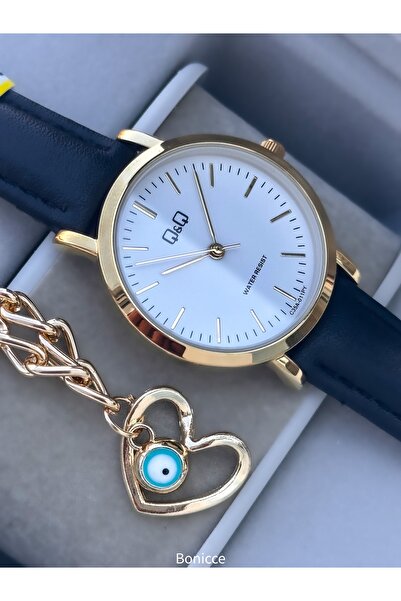 Q&Q Leather Cord Women's Wristwatch, Black Color Simple Stylish Model Heart Bracelet