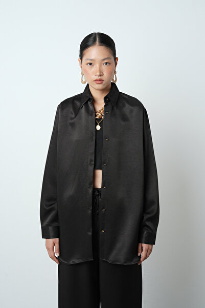 Orfeo Negro Women's Solid Color Shiny Fabric Oversize Cut Shirt