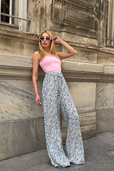 VAGGON Women's Blue Patterned Elastic Waist Belted Palazzo Wide Leg Trousers Vs00953