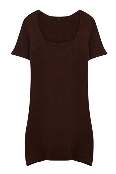 VAGGON Women's Bitter Brown Square Neck Short Sleeve Bodycon Mini Dress and Buttoned Crop Cardigan Set Vs00963