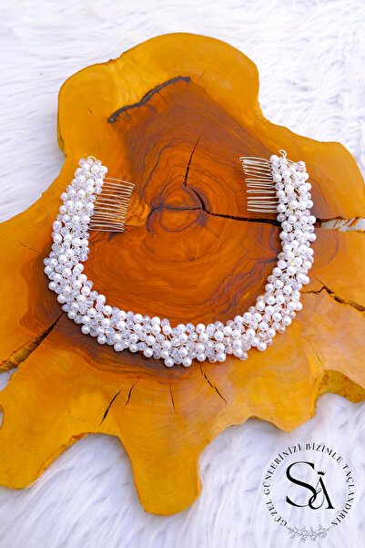 SimgeAksesuar Pearl and Crystal Mixed Handmade Wedding, Engagement and Wedding Crown, Hair Accessory