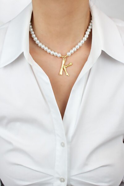 Liveyn Design Glass Pearl K Letter Necklace Letter K