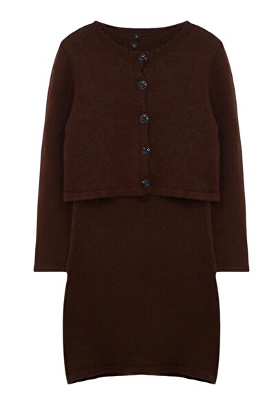 VAGGON Women's Bitter Brown Square Neck Short Sleeve Bodycon Mini Dress and Buttoned Crop Cardigan Set Vs00963